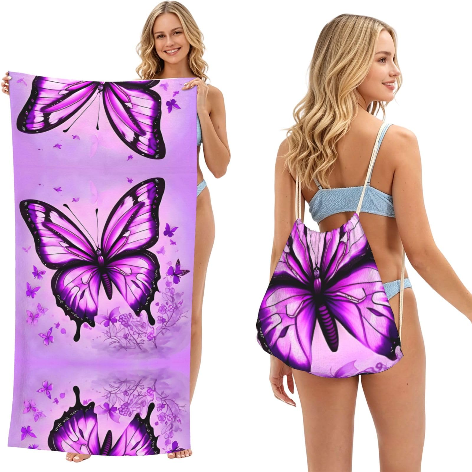 SXZVVBN Purple Butterfly 2-in-1 Beach Towel Bag, Quick Dry Sand Free Travel Towel Backpack for Adults