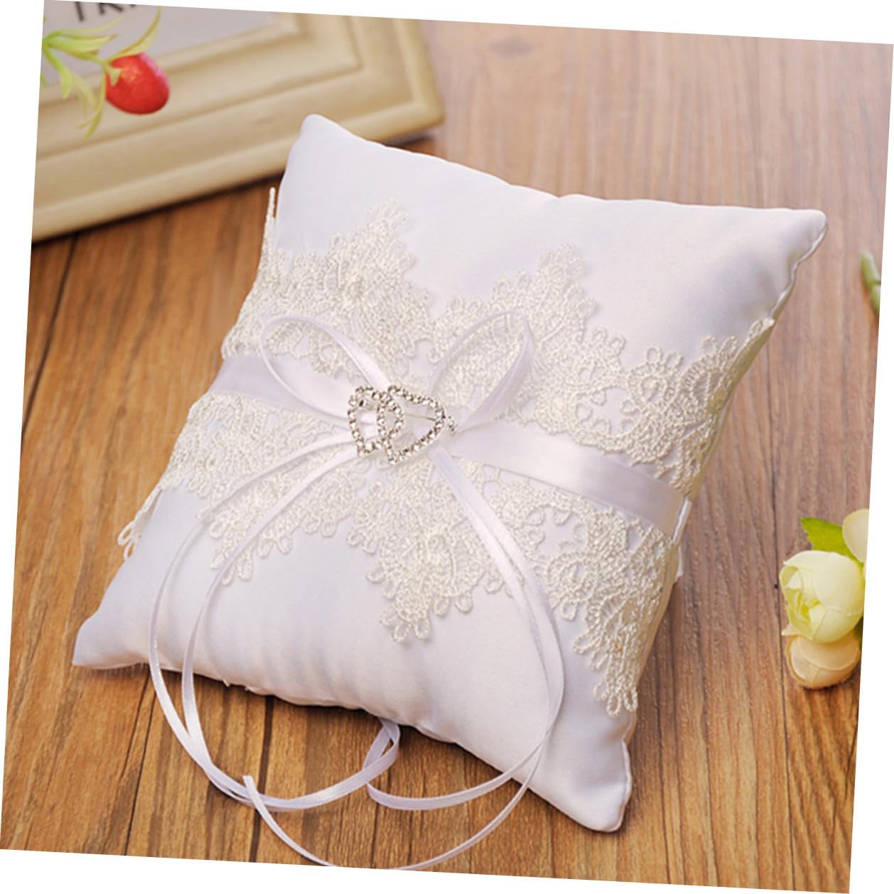 Lace Wedding Ring Pillow Double Heart White Hollow-Out Decorative Ring Bearer Cushion for Bridal Ceremony and Flower Girl