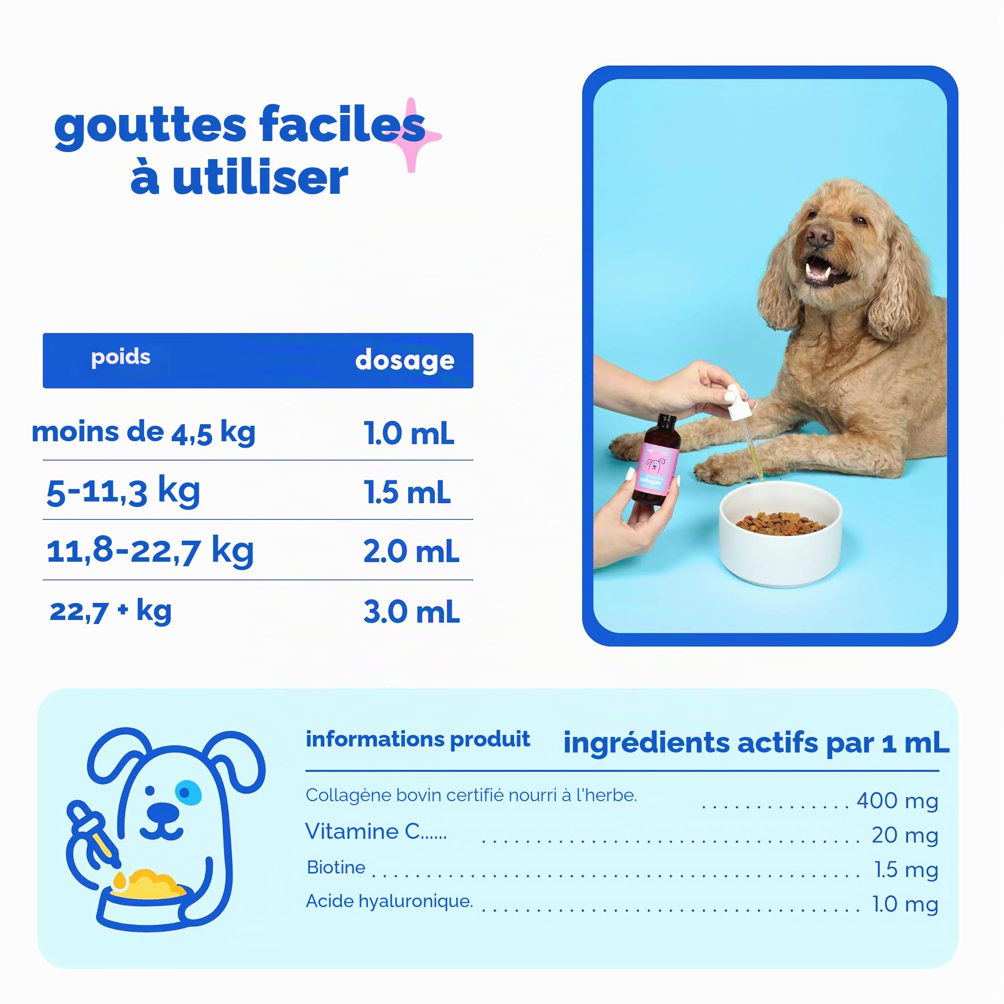 Complément alimentaire pour la peau et le pelage pour chiens, chats | Collagène liquide Taily pour chiens | Soulage les démangeaisons pour chiens allergiques, avec collagène nourri à l'herbe, biotine