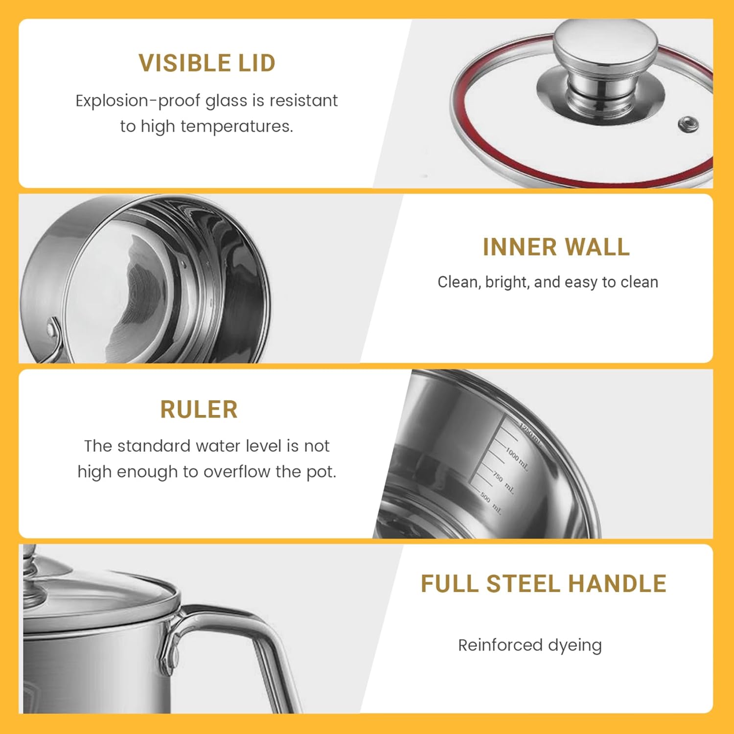 Milk Pot 2400ml Stainless Steel Saucepan with Pour Spout Milk Warmer Pot with Glass Lid ＆ Handle for Boiling Sauce, Gravies, Pasta, Noodles