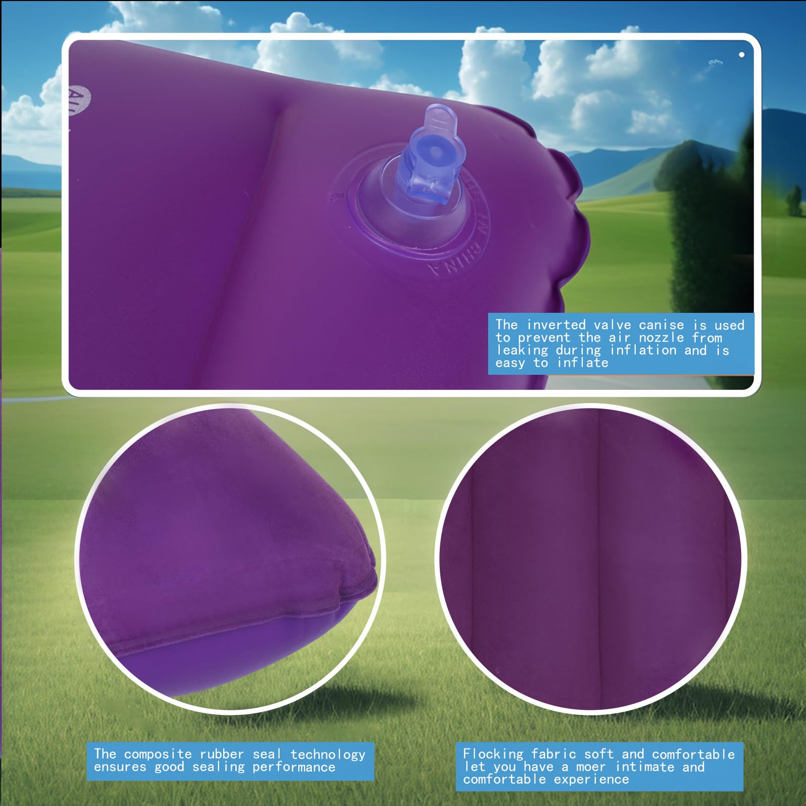 4 cojines inflables para viajes, cojines inflables suaves para playa, camping y senderismo, plegable, cojín de exterior flocado de PVC para dormir, cojín 47 x 35 cm