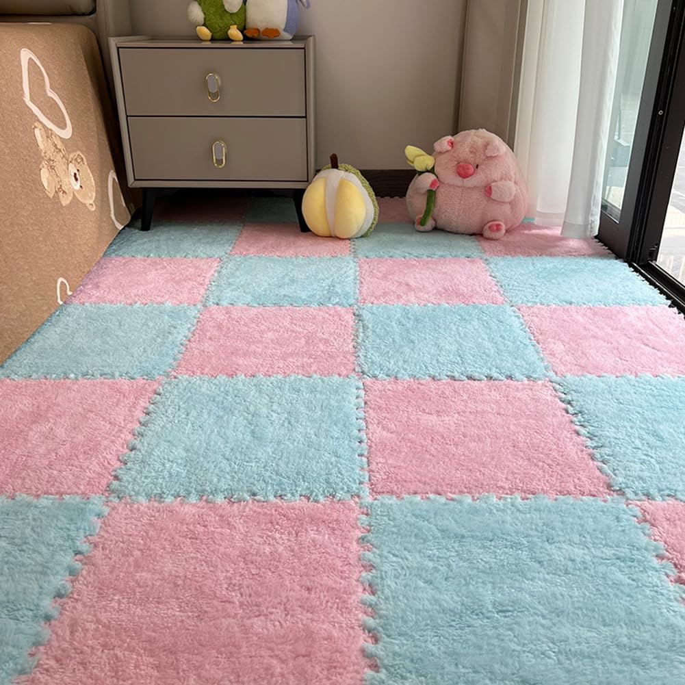 10Pcs Foam Play Mat 30x30cm Plush Square Interlocking EVA Foam Floor Tiles,Anti-Slip Play Area Rug Living Room Bedroom Gym Floor Protector (Pink Blue,0.6cm Thick) — image 1