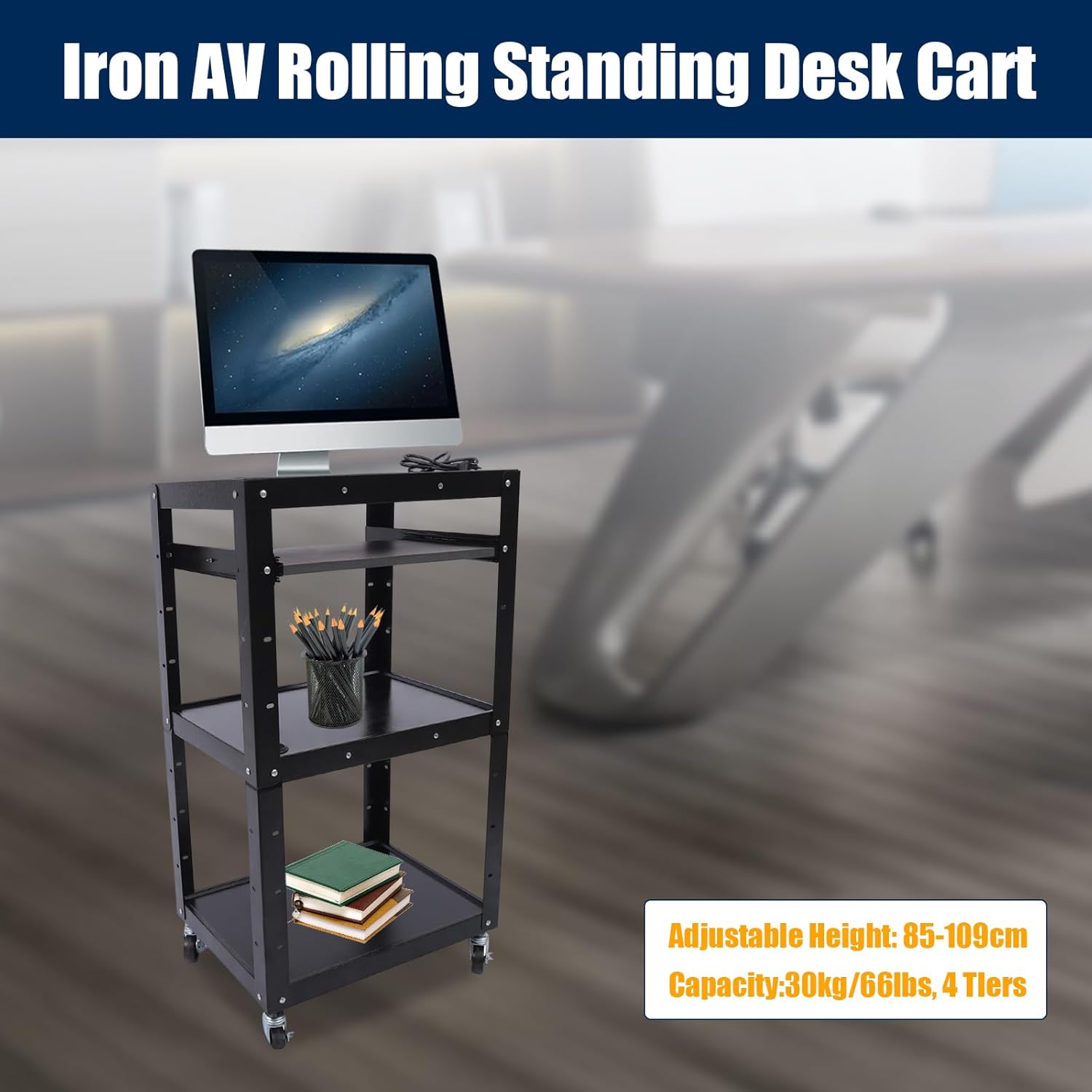 AV Presentation Cart Stand for Laptop Computers, Printers, AV Cart on Wheels, Rolling Storage Cart, Height Adjustable Shelves, Mobile Workstation Utility Media Cart,Rolling Projector Cart,3 Outlets