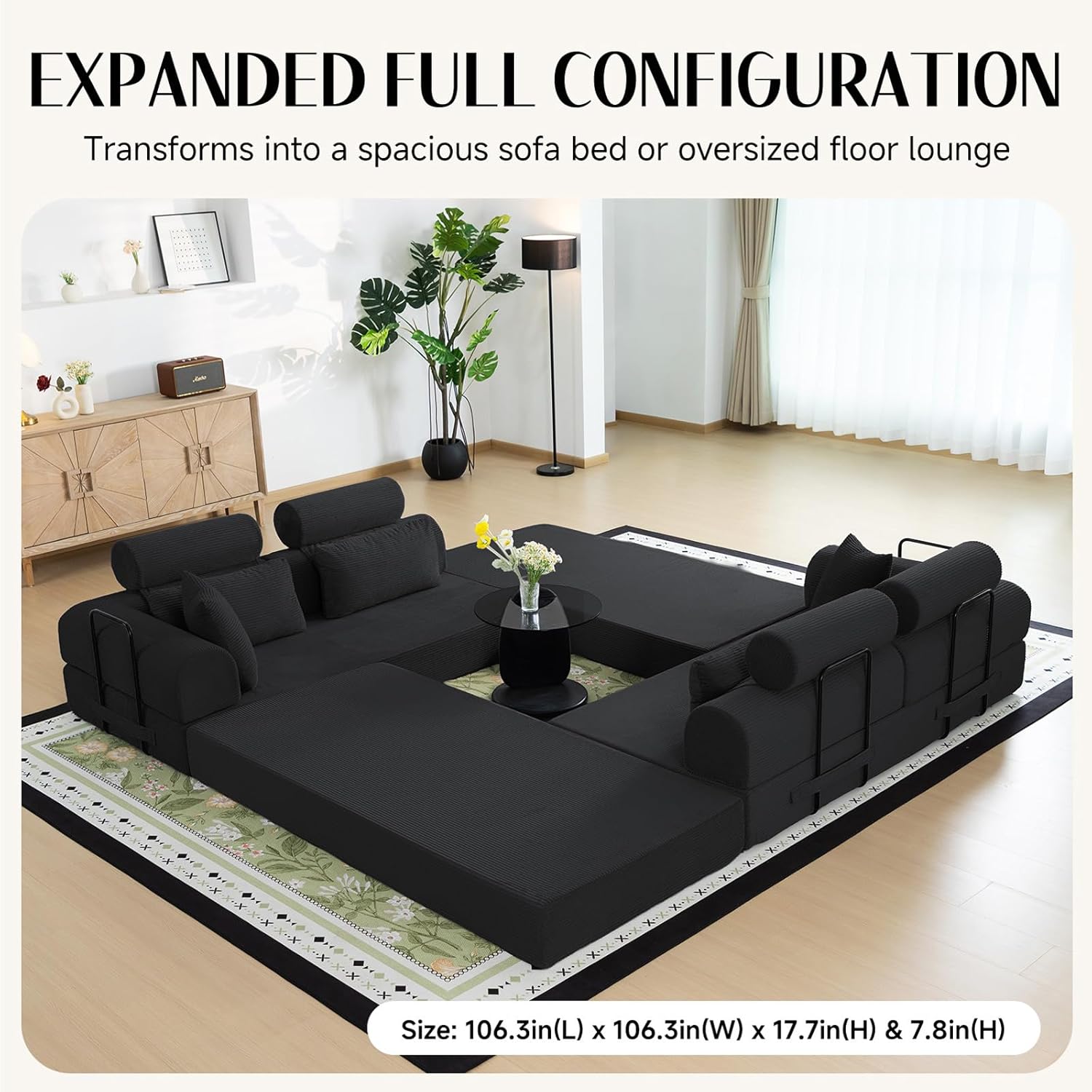 106'' L-Shaped Modular Sofa Bed, 5-in-1 Convertible Sectional Couch with Corduroy, Oversized Floor Lounger & Pull-Out Sleeper, Lumbar Support, Living Room/Gaming Room (Black)