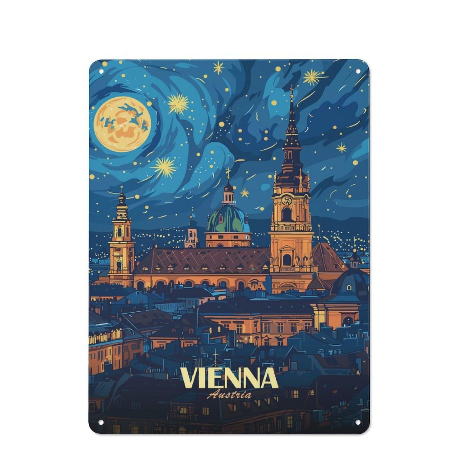 Junmoney Style-10 Decorative Tin Plaque With Vienna Austria Nightscape Art Design 40X30cm, Nostalgic Home Bar Decor For Bar, Kitchen, Garage Or Games Room