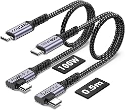 100W Short USB C Cable 50cm 2 Pack, SUMPK 5A USB C 3.1 Fast Charge Right Angle, 10 GBbps High Speed Data Electronic Tag Chip Wire, 4K@60Hz Video Display