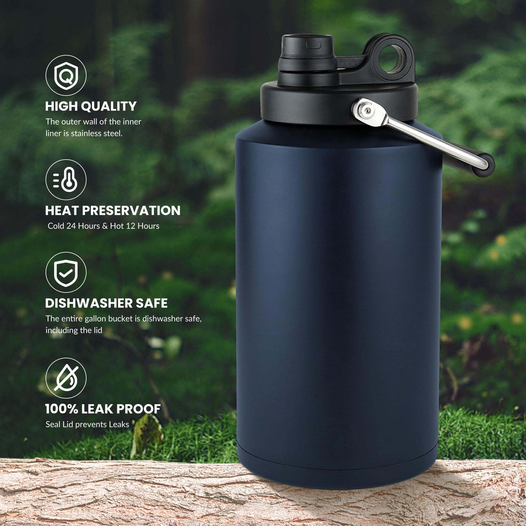 Alathote Grande brocca per l'acqua isolata da 3,6 l, doppia borraccia termica sottovuoto, lavabile in lavastoviglie, per bevande calde e fredde, con bocca larga e manico (blu navy, 3,68 g)