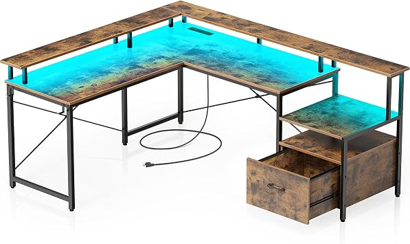 Rolanstar Computer Desk with File Drawer, 64 Inch Reversible L-Shaped Desk with Outlet & LED Strips, L-Shaped Corner Desk with File Cabinet, Home Office Desk with Monitor Shelf, Rustic Brown