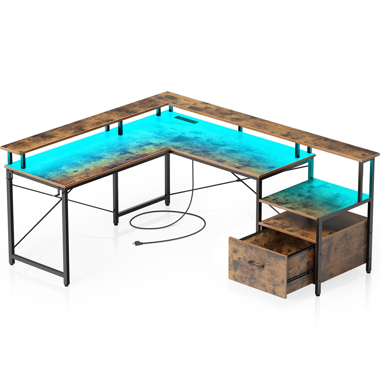 Rolanstar L Shaped Gaming Desk with Drawers, 64" Reversible Computer Desk with Power Outlet & LED Strip, Corner Desk with File Cabinet & Monitor Stand, Home Office Desk, Rustic Brown