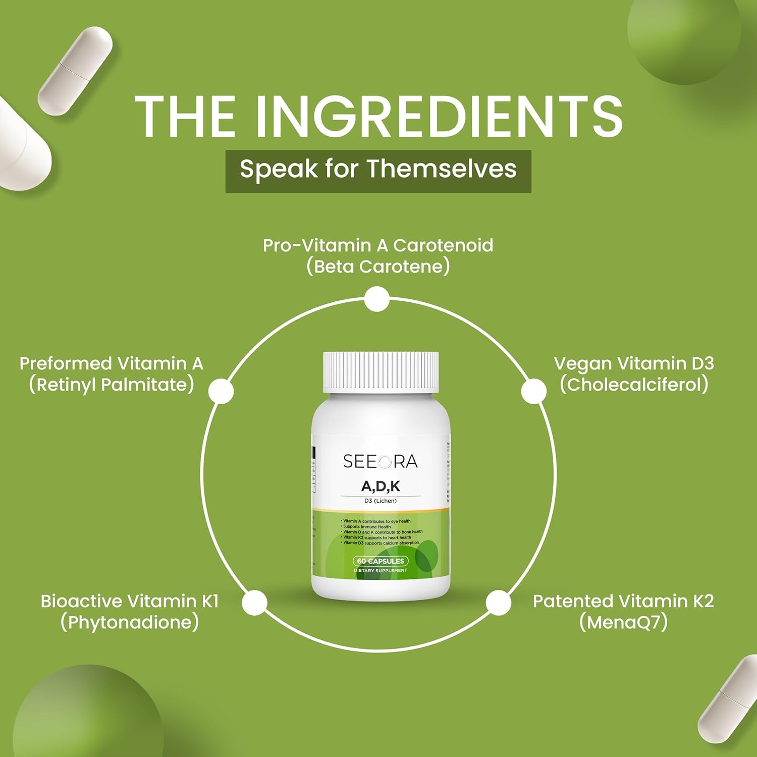 Vitamin ADK Supplement – High Potency Vitamins A, D3 & K2 | Supports Bone, Heart & Immune Health | 60 Capsules, 2-Month Supply | Gluten-Free, Dairy-Free, Non-GMO