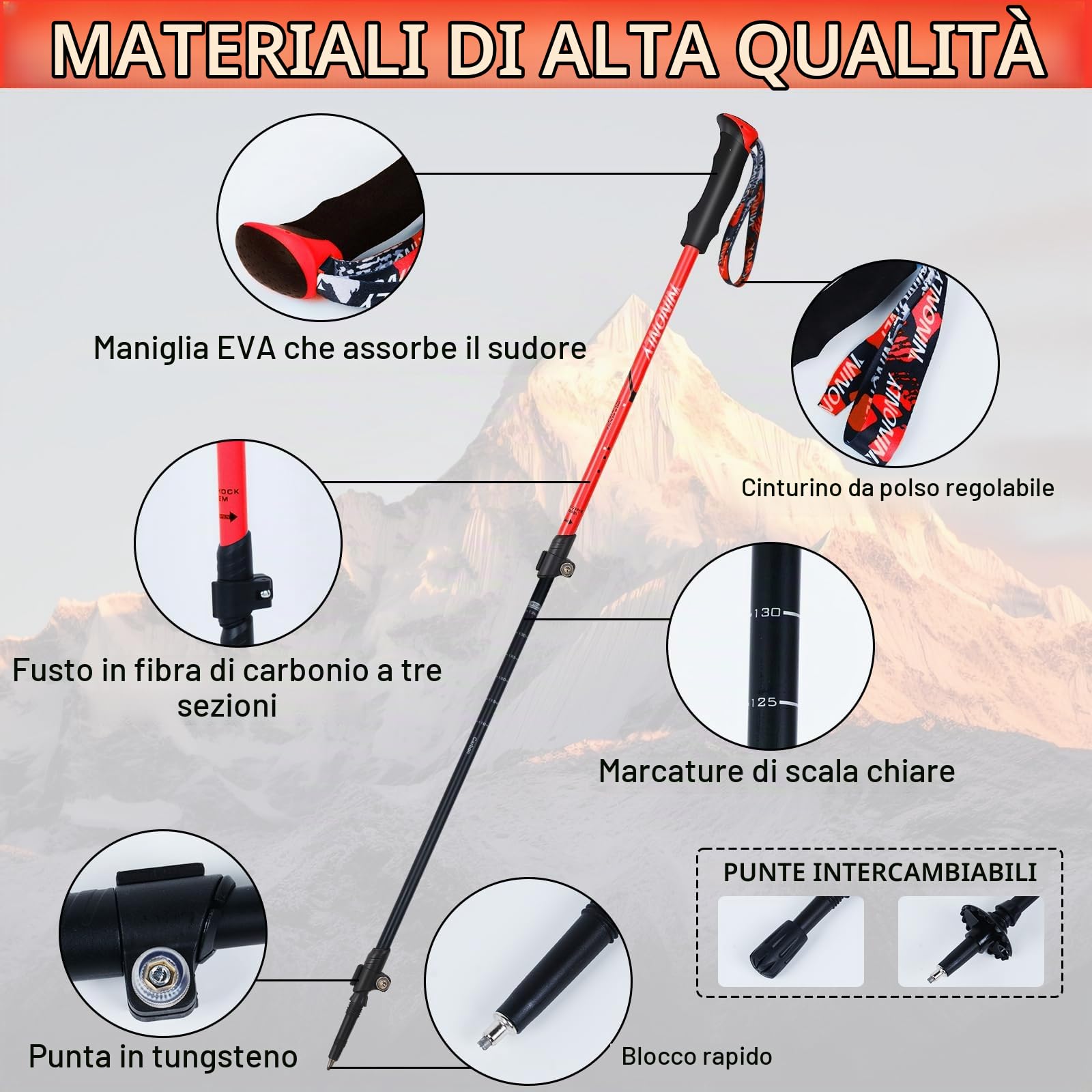 Ninonly Bastoncini Trekking Telescopico in Carbonio, Bastoni da Passeggio Nordic Walking per Uomini e Donne, Racchette Trekking Leggeri con 3 Punte, Portata 150kg per Escursionismo e Alpinismo