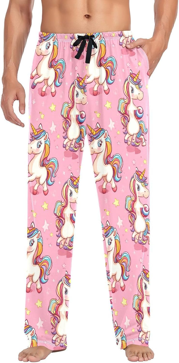 ALAZA Rainbow Unicorns Cartoon Pink Men's Pajama Pants Men Cotton Pajama Bottoms with Pockets, S