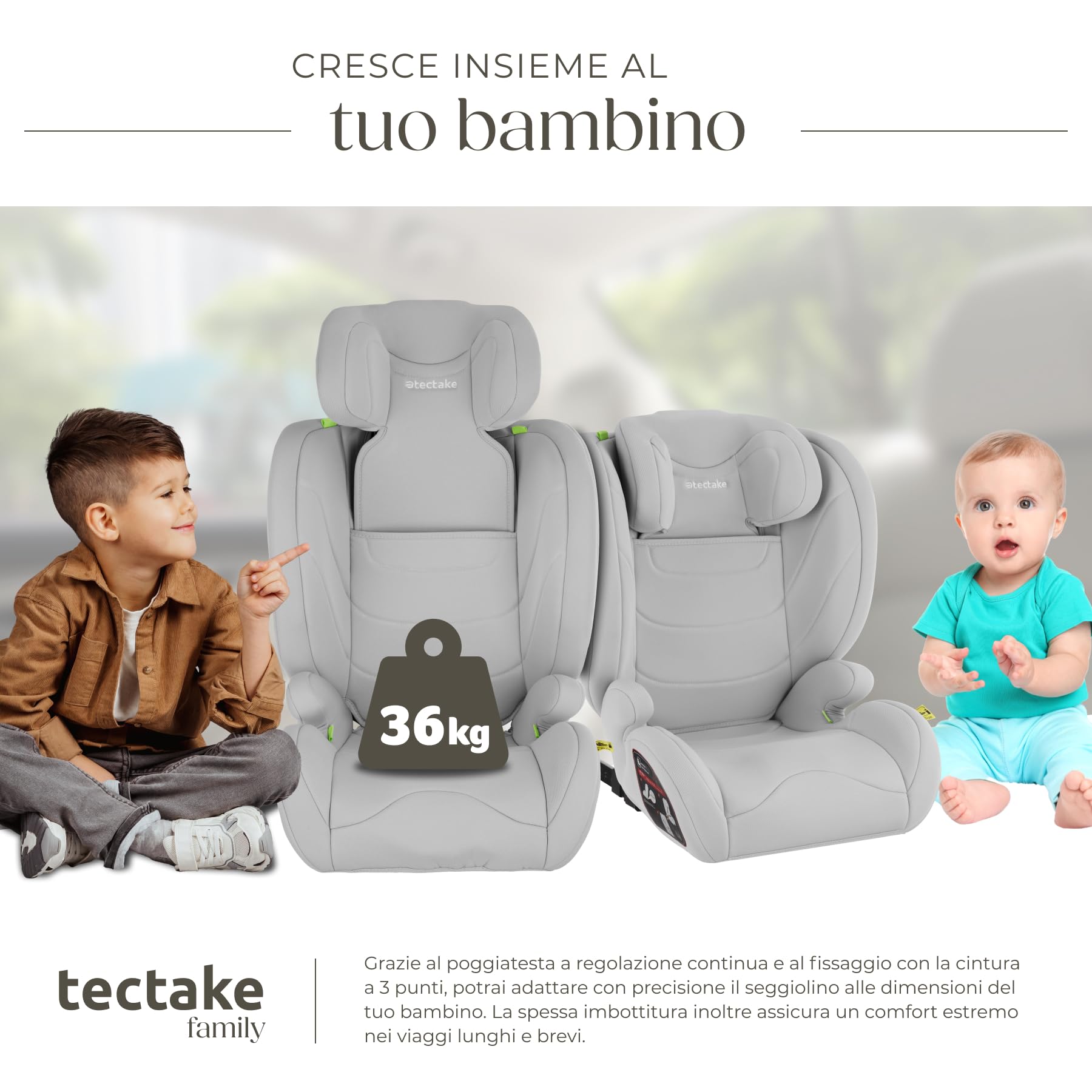 tectake® Seggiolino Auto i-Size con ISOFIX, Omologazione ECE R129, Protezione Impatti Laterali, Altezza Regolabile 100-150cm, Rivestimento Lavabile, Imbottitura Confortevole, Per Auto - Grigio Chiaro