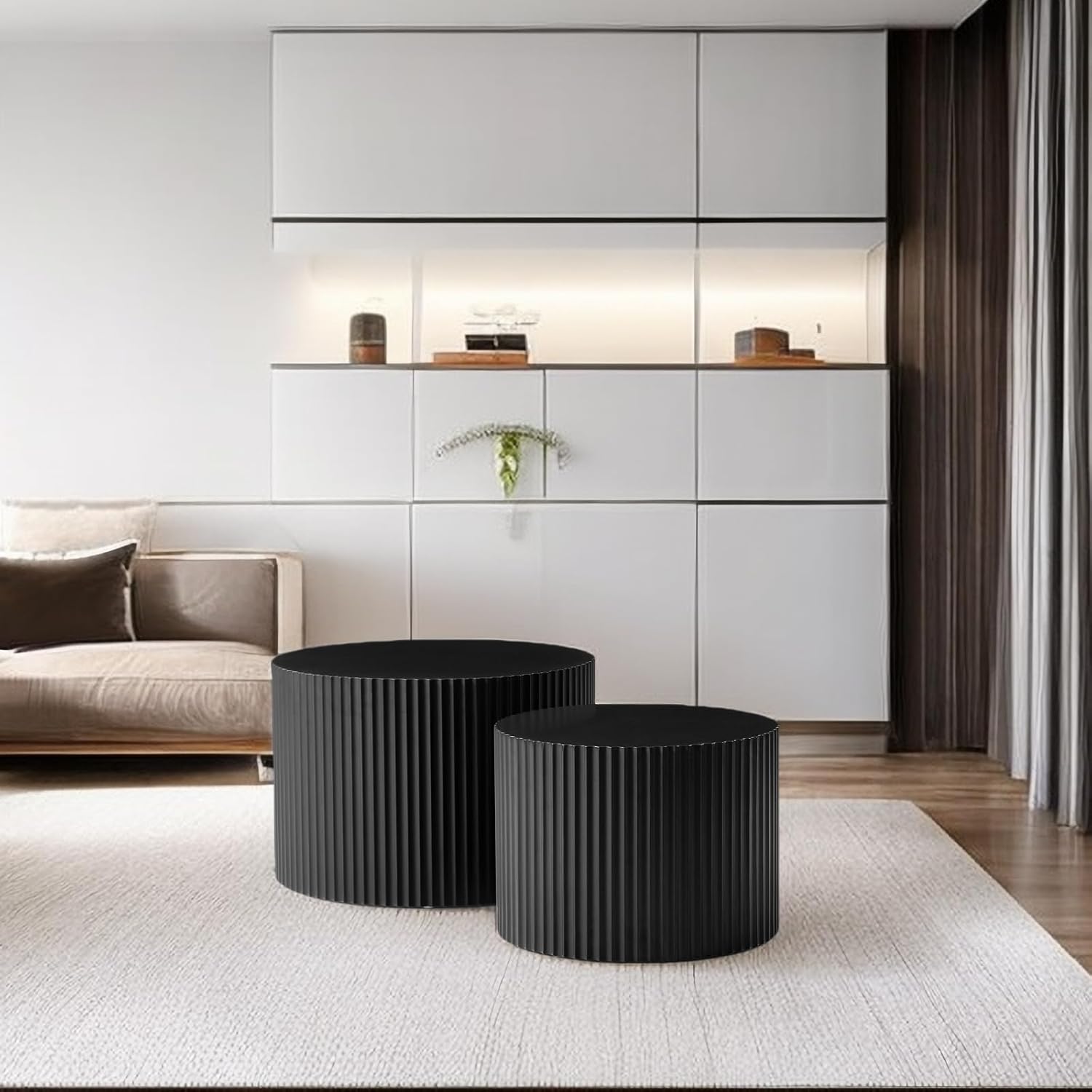 Nesting Coffee Table Set of 2,Matte Black Round Wooden Coffee Tables, Modern Round Coffee Table Accent End Table Set Circle Coffee Table Side Table for Living Room (Matte Black)