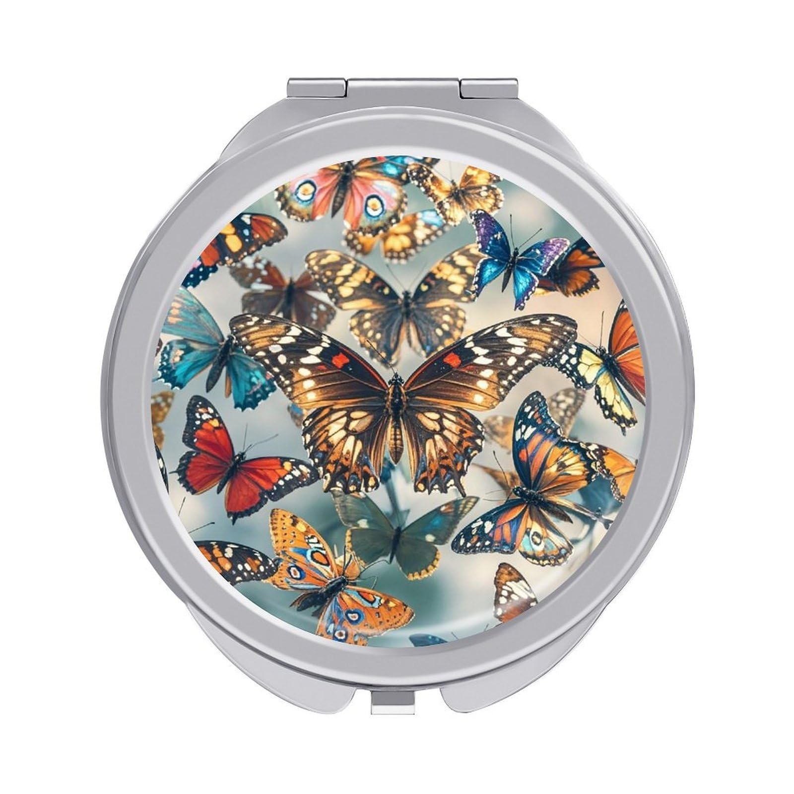 FekiLoot Butterflies Travel Makeup Mirror for Women Folding Portable Hand Compact Mirrors Small Round Vanity Mirror 1X/2X Magnifying Metal Pocket Makeup Mirrors