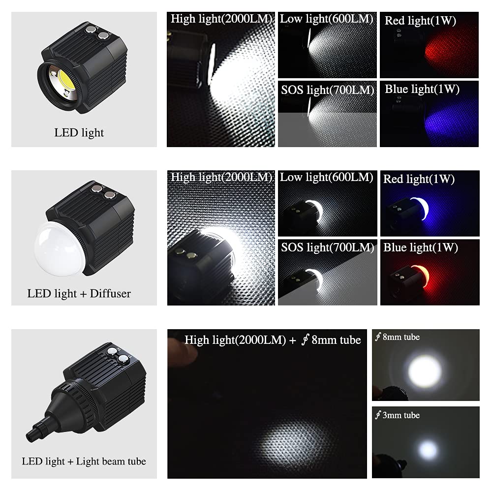 60 m Unterwasser-Fülllicht, LED, 2000 lm, wasserdicht, IPX8, für GoPro Hero9, Hero8, Hero7, 6, 5, für Insta360, One R, DJI Osmo Action