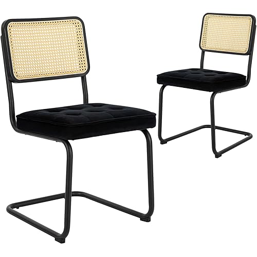 COLAMY Mid Century Modern Dining Chairs Set of 2, Velvet Rattan Dining Room Kitchen Side Chairs with Upholstered Seat and Metal Chrome Legs for Home, Living Room, Bedroom, Office - Black