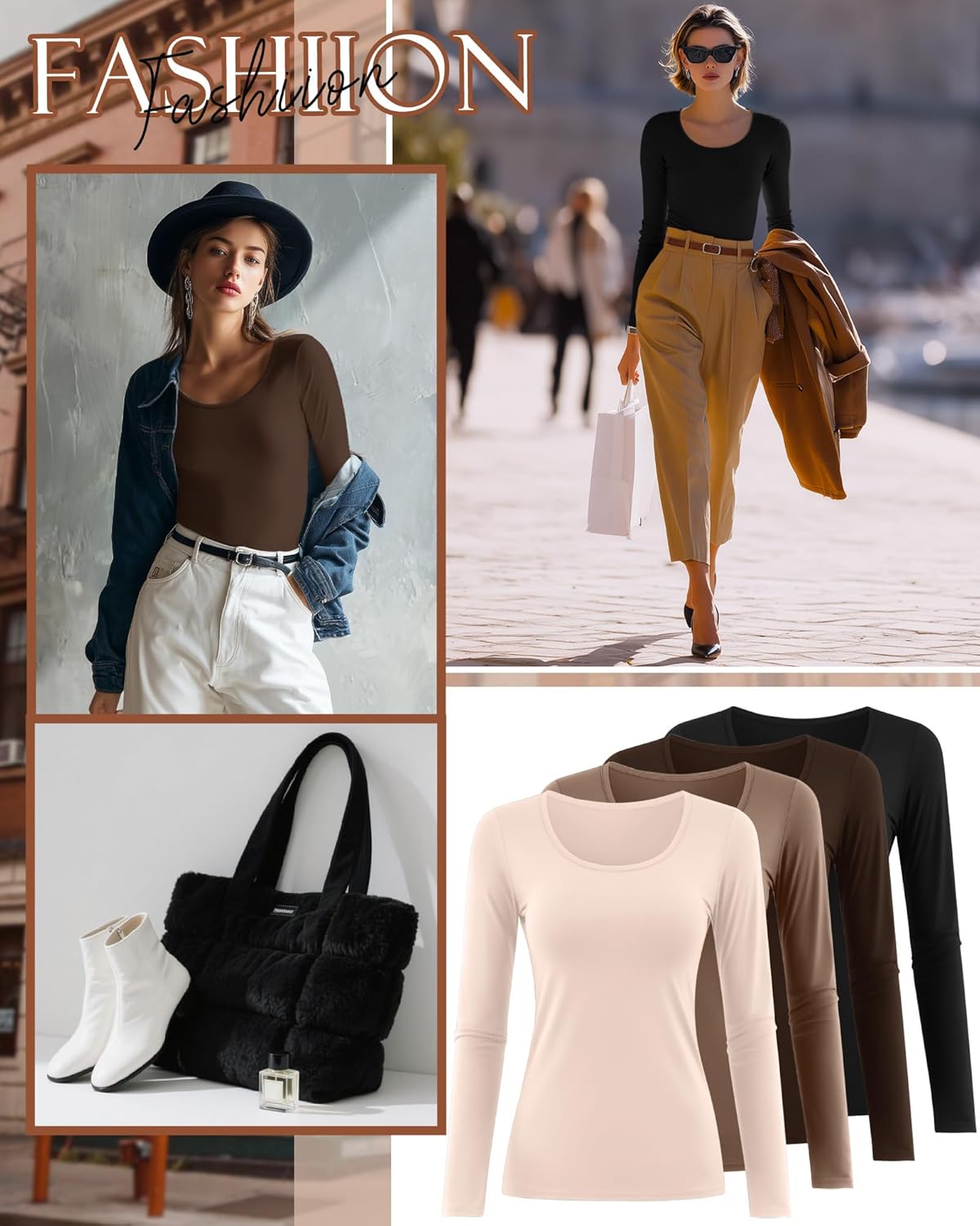 Ficerd 4 Pack Women's Scoop Neck Tops Long Sleeve Slim Fit T-Shirts Stretchy Tight Casual Plain Layering Shirts Tees - Image 4