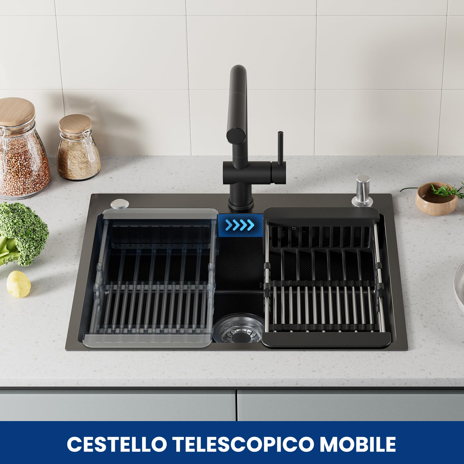 CECIPA 60x49 cm Lavello Nero 1 Vasca in Acciaio Inox, Lavandino Cucina 1 Vasca con Dispenser Sapone e Cestello, Lavello Cucina per Mobile da 60cm, da Incasso o Banco, con Sifone e Scarico
