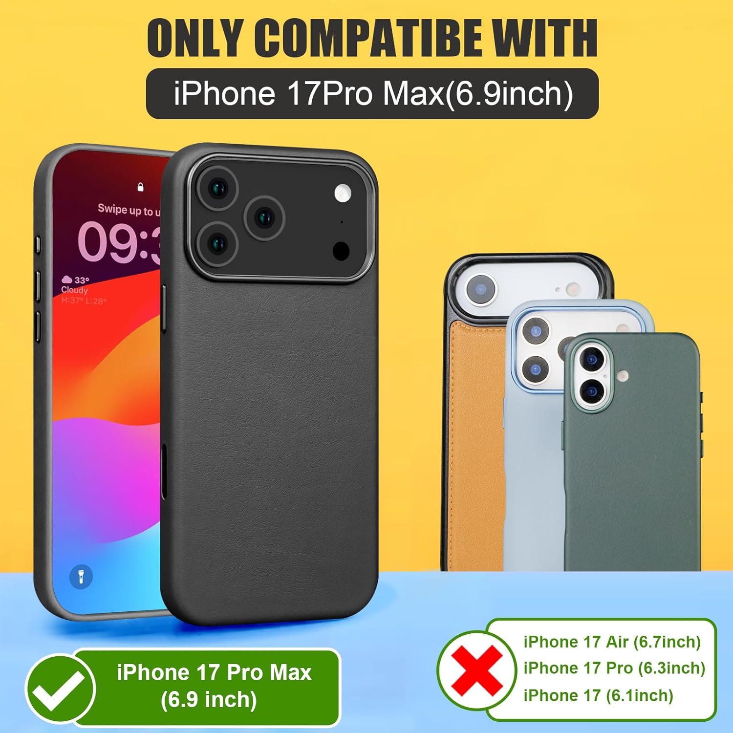 for iPhone 17 Pro Max Leather Case with Ai Camera Control Button Compatible with Magsafe, Top Grain Leather, Slim Fit Shockproof, Metal Buttons & Camera Bump Frame Protective Cover Black