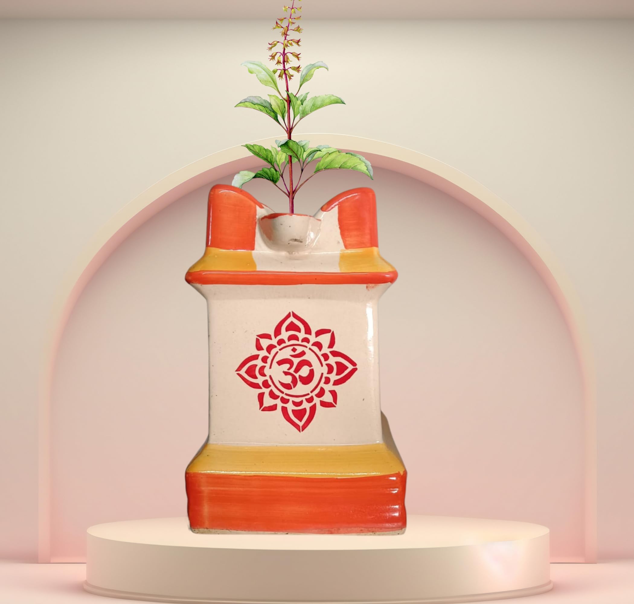 Niyara Large Tulsi Pot for Home & Pooja | Red & Yellow Ceramic Tulsi Planter for Indoor Outdoor Temple, Garden & Balcony Décor, 12 Inch