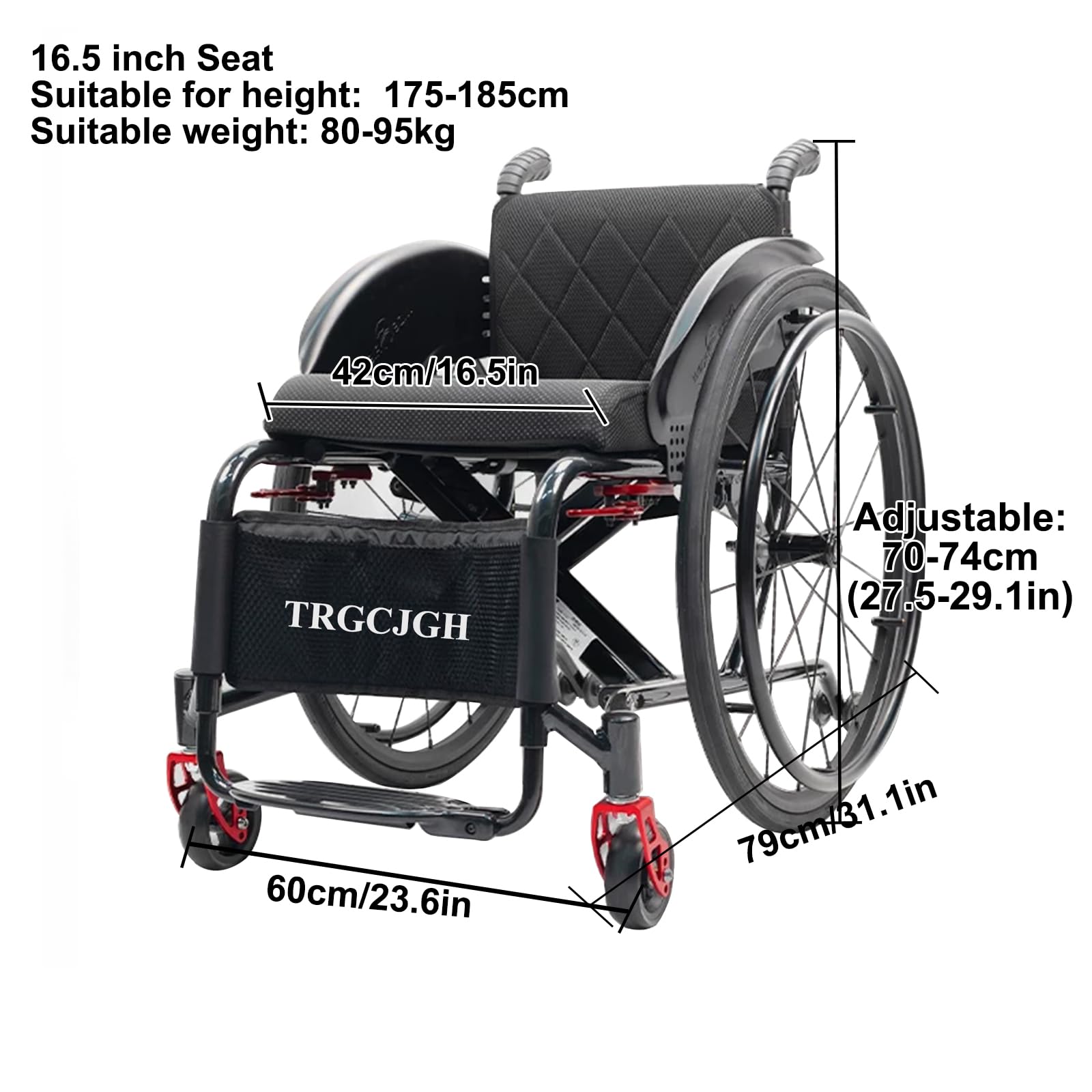 Sedia a rotelle pieghevole, Manuale, Carrozzina da transito, Alluminio, per disabili, Carrozzina disabili ad autospinta(16.5" Wide Seat,Blue)