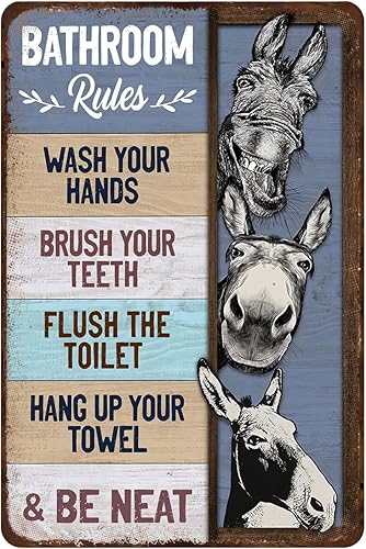 Mocozim Letrero de metal retro rústico con diseño de burro divertido para reglas de baño, arte de pared de baño de burro, letreros divertidos para