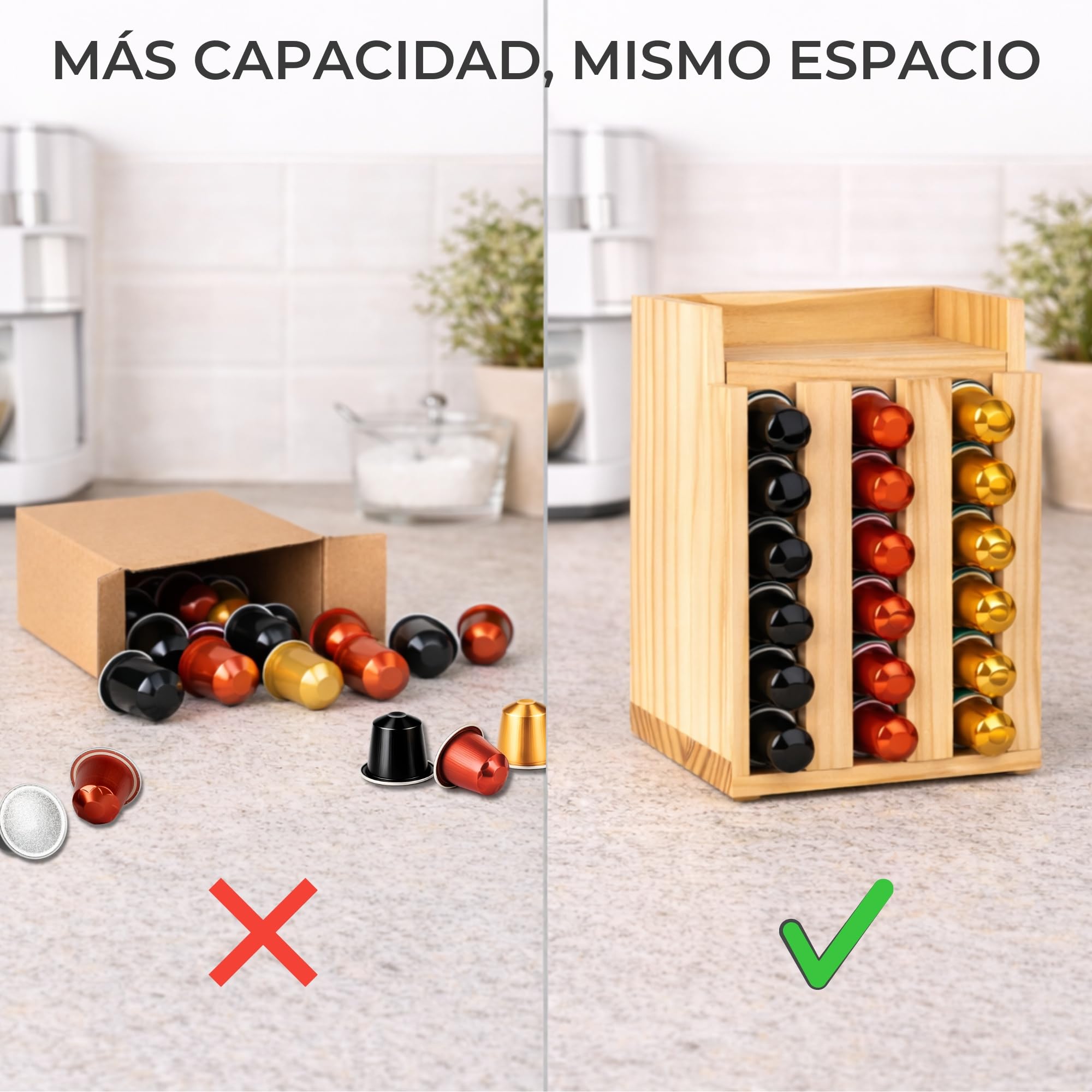 Porta Cápsulas Madera 40 Unidades – Organizador Vertical con Bandeja Superior y Almacenamiento Trasero – Compatible Tipo Original — view 6