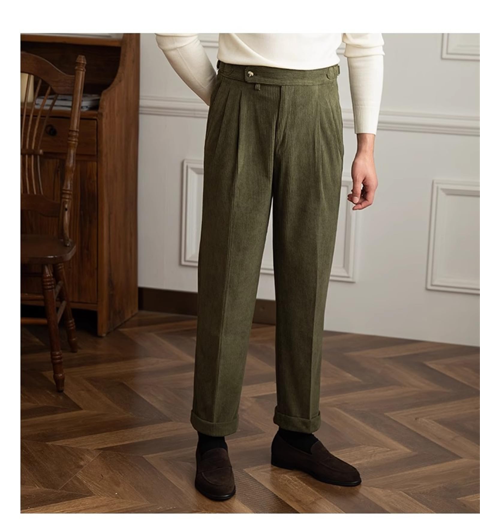 Pantaloni da uomo a vita alta in tweed, pantaloni vintage da uomo in tweed a spina di pesce pantaloni dritti a vita alta