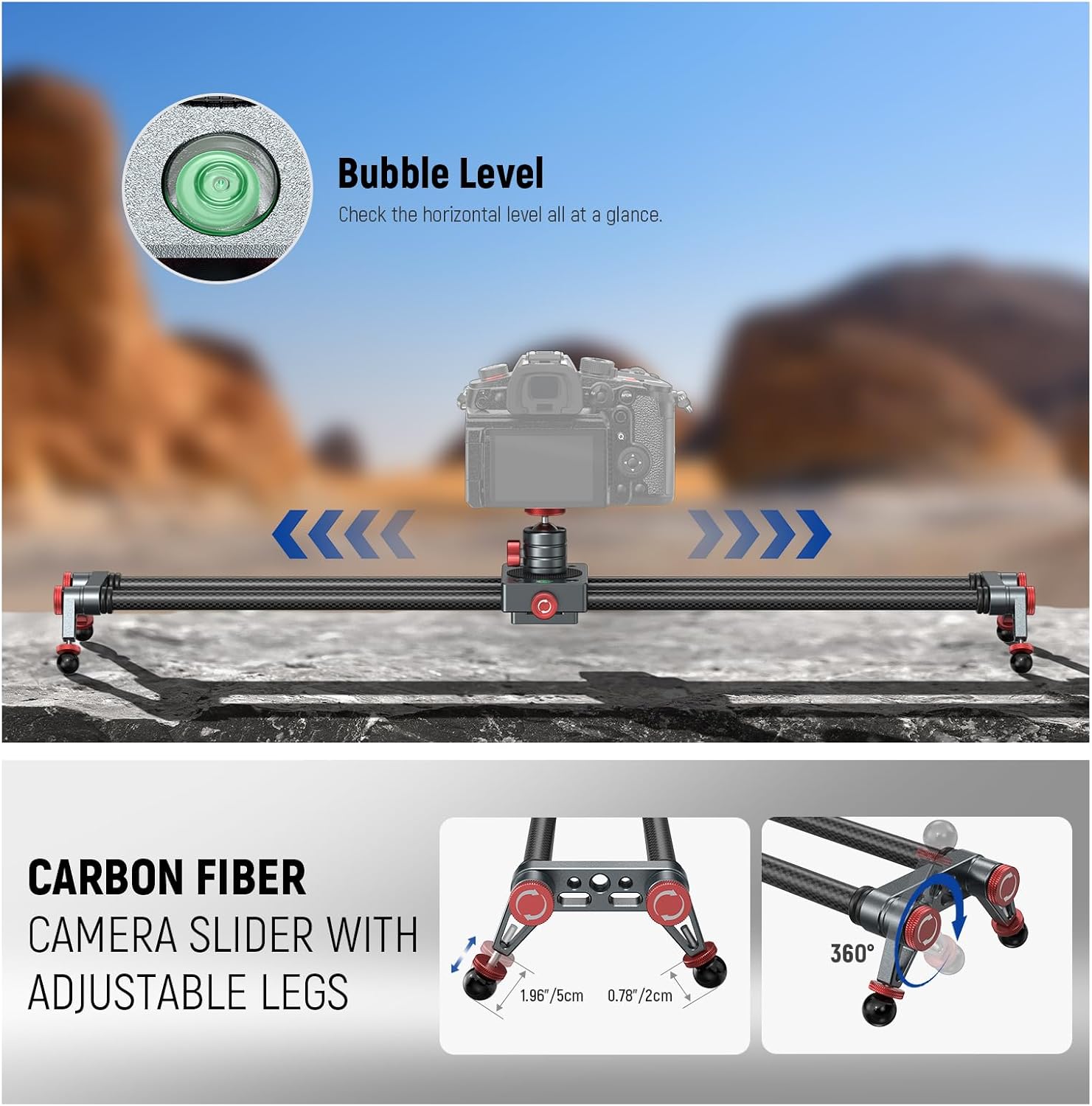 NEEWER 24in/60cm Carbon Fiber Camera Slider with 360° Ball Head/Phone Clamp/Action Camera Mount, Dolly Rail Track with 4 Bearings & Adjustable Legs, Compatible with GoPro Insta360 iPhone Android, CS2M