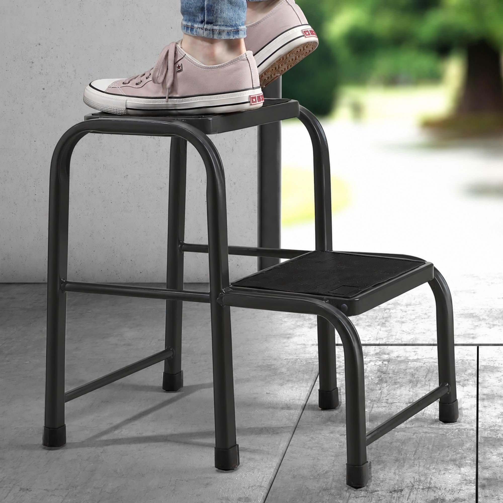 KADAX Taburete de acero, escalera doméstica de hasta 150 kg, taburete de transporte con patas antideslizantes, escalera doméstica, taburete de aluminio (2 niveles)