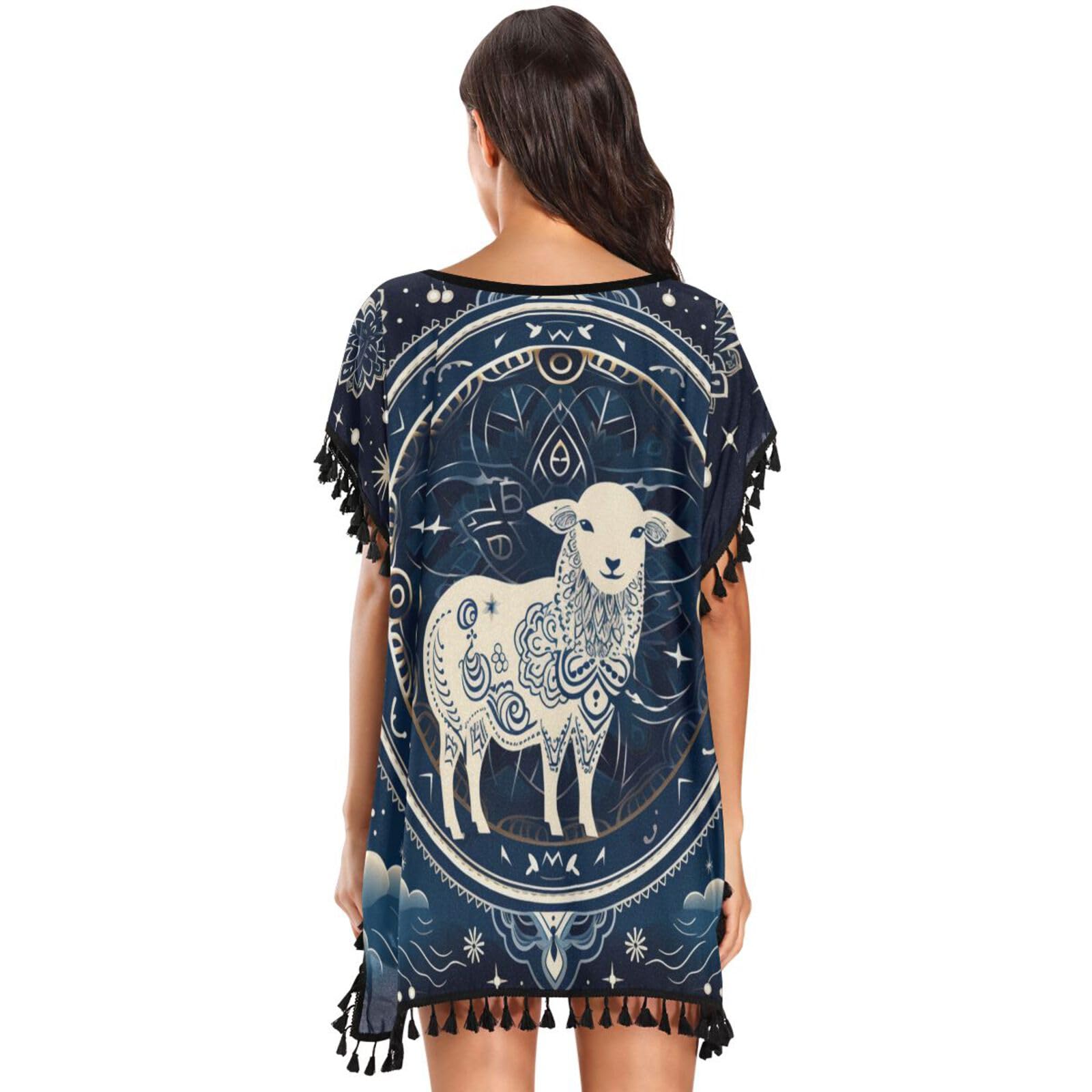 Abstract Sheep Art Women's Beach Cover Up Chiffon Tassel Swimwear Swimsuit Coverups for Girl