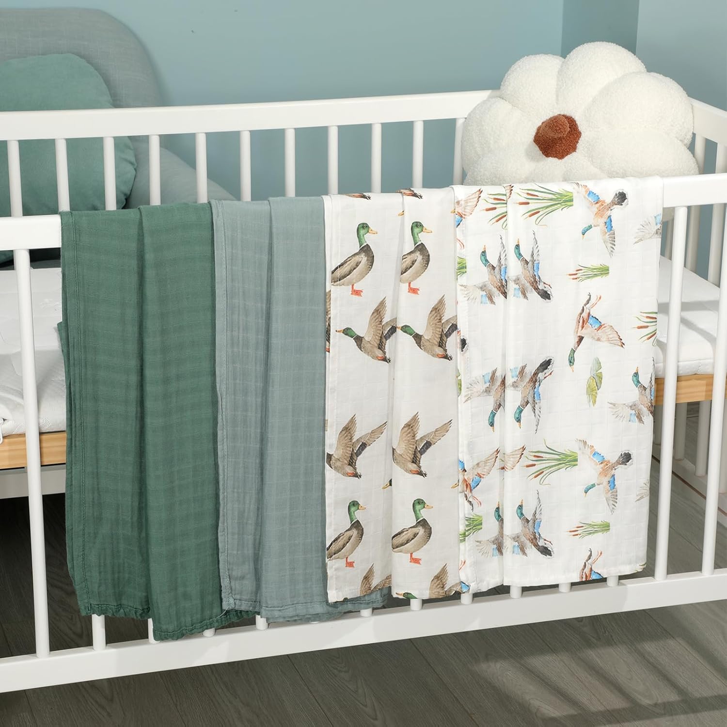 Oudain 4 Pcs Mallard Duck Muslin Swaddle Blankets Mallard Duck Crib Bedding Set Baby Blanket for Boys Girls 47 x 43 Inches Baby Blanket Neutral Swaddle Wrap 70% Rayon and 30% Cotton for Unisex Newborn