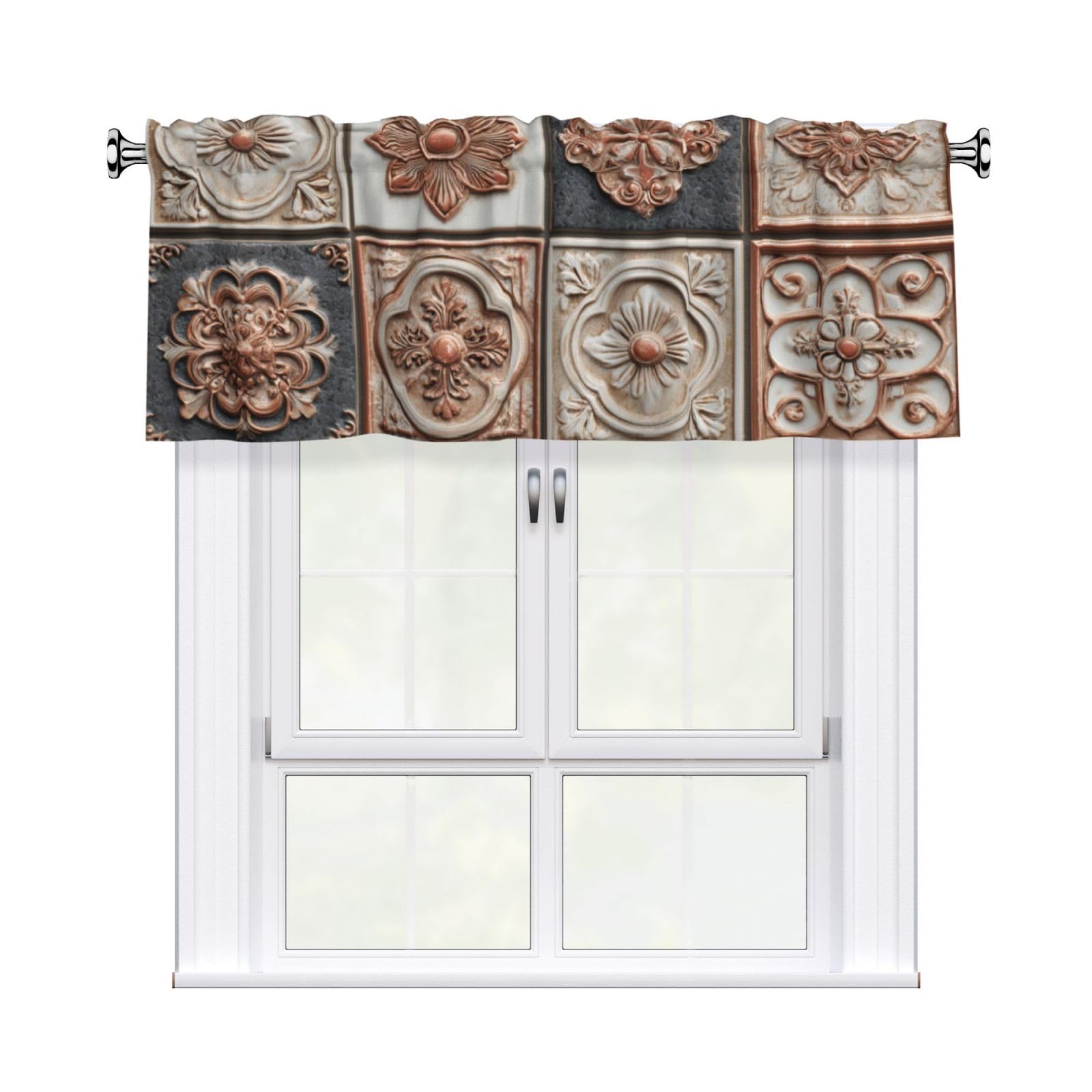 Woshuwo Victorian Tile Ivory And Copper Colors Valances For Windows Rod Pocket Window Treatment Short Curtains For Kitchen Living Room Bedroom Decor 54x18in