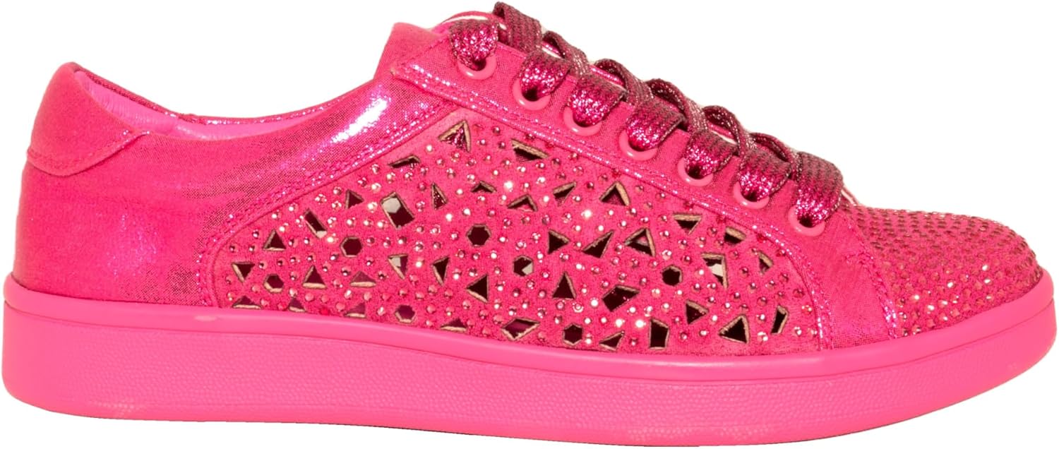 Lady Couture Laser Cut Sneakers with Rhinestone Women's Shoes, Rubber Sole Lightweight Casual Fashion Sneakers with 1-Inch Flat Heel Paris
