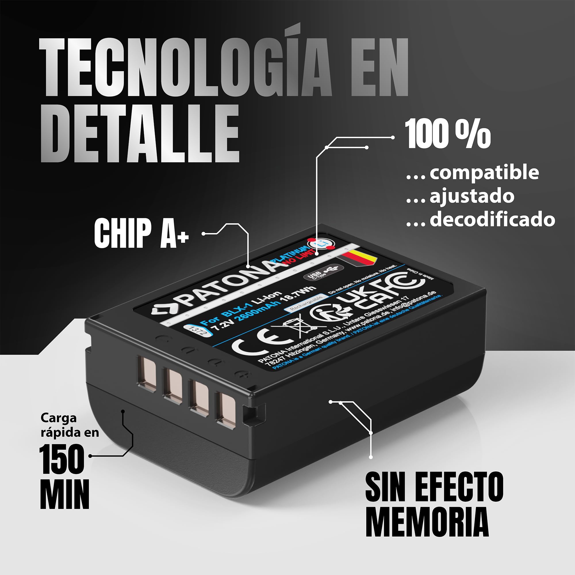PATONA 2X USB-C Platinum Batería para Olympus BLX-1 BLX1 2600mAh | Batería para OM-1, OM1, OM-3, OM3 – con carga directa, con protección antisobrecarga y anticortocircuito