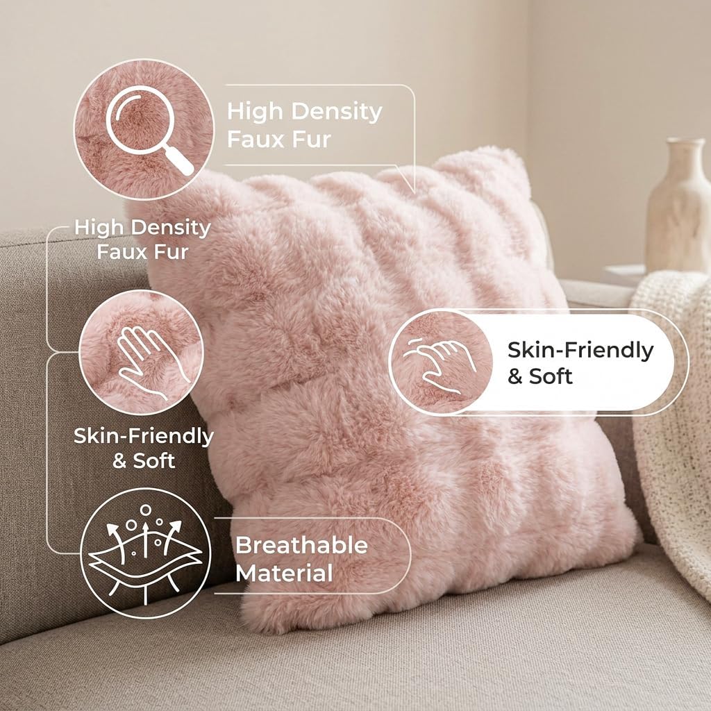 Neelvin Pink Faux Fur Pillow Covers Set of 2, Luxury Soft Fluffy Throw Pillow Covers for Couch, Fuzzy Decorative Plaid Plush Cushion Cases for Living Room Sofa Bedroom Decor