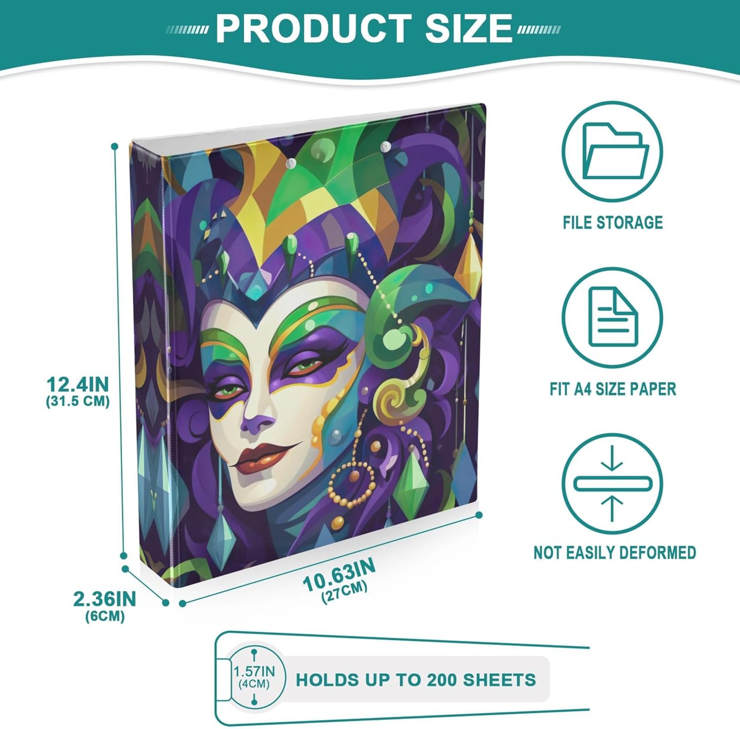 Mardi Gras Carnival Masks 3 Ring Binders, 1.5” Round Ring Binders with Clipboard - Letter Size, 3 Interior PVC Clear Pockets & Anti-Slip Clip for Office School Supplies, 2PCS