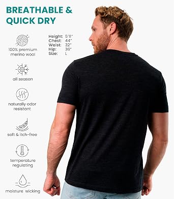 100% Merino Wool T-Shirt Men - Short Sleeve Undershirt Base Layer Top