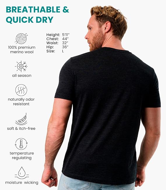 100% Merino Wool T-Shirt Men - Short Sleeve Undershirt Base Layer Top