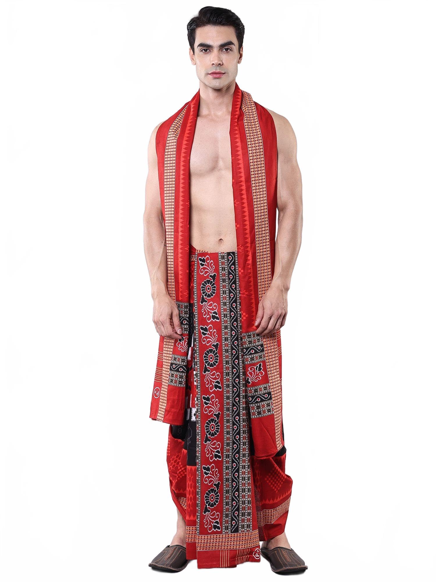 Pure Cotton Dhoti & Angavastram Set Ikat Printed & Rudraksha Border from Sambalpur | Men's Wear for Wedding-image-4