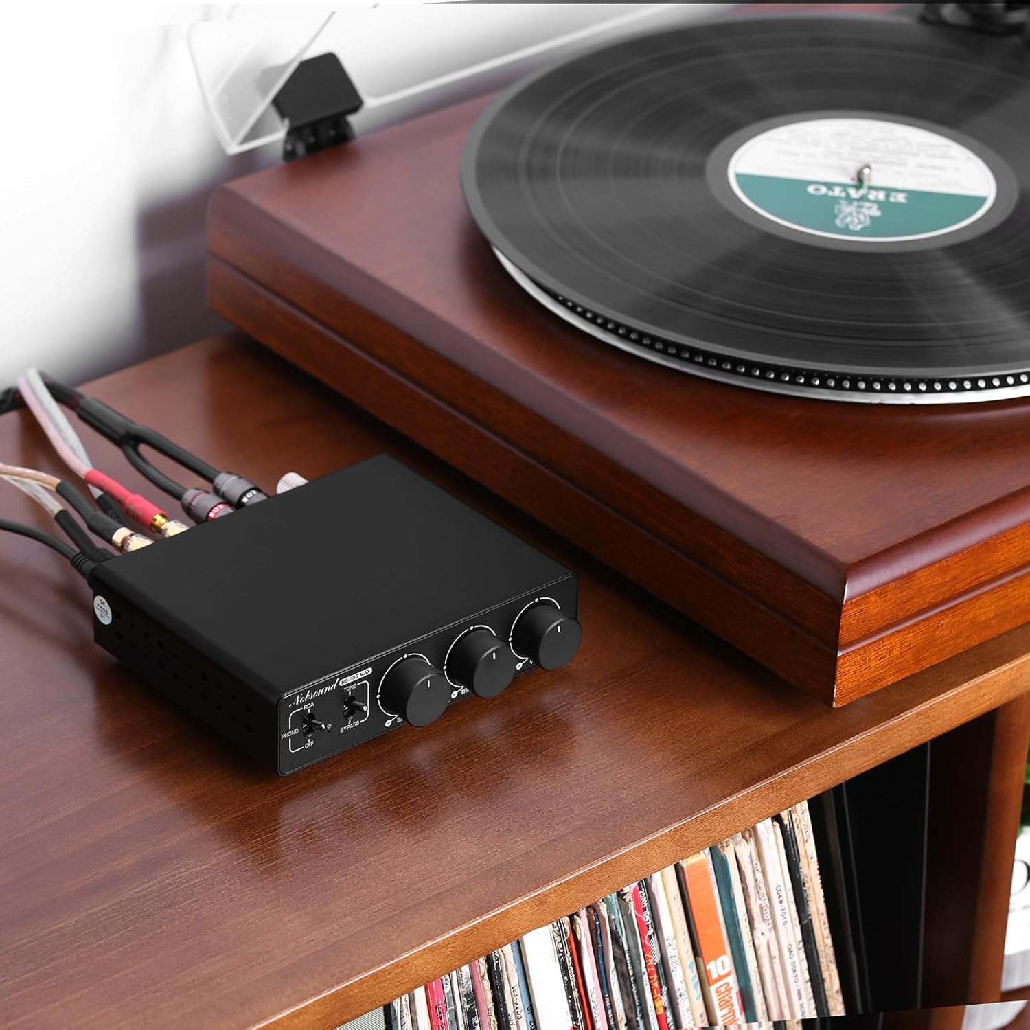 Nobsound NS-13G MAX Amplifier connected to a turntable and speakers