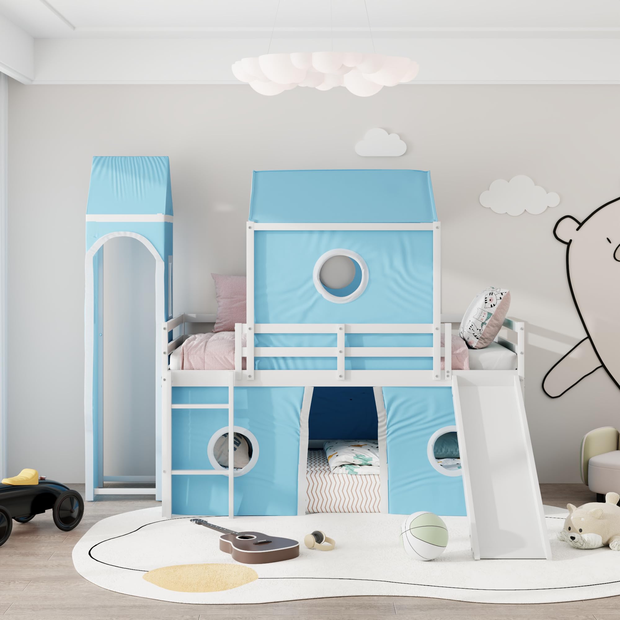 HiHomely Pink Blue Twin Size Loft Bed with Slide, Tent Tower – Fun Space Saving Kids Bedroom (Old SKU: Wf532001aac)