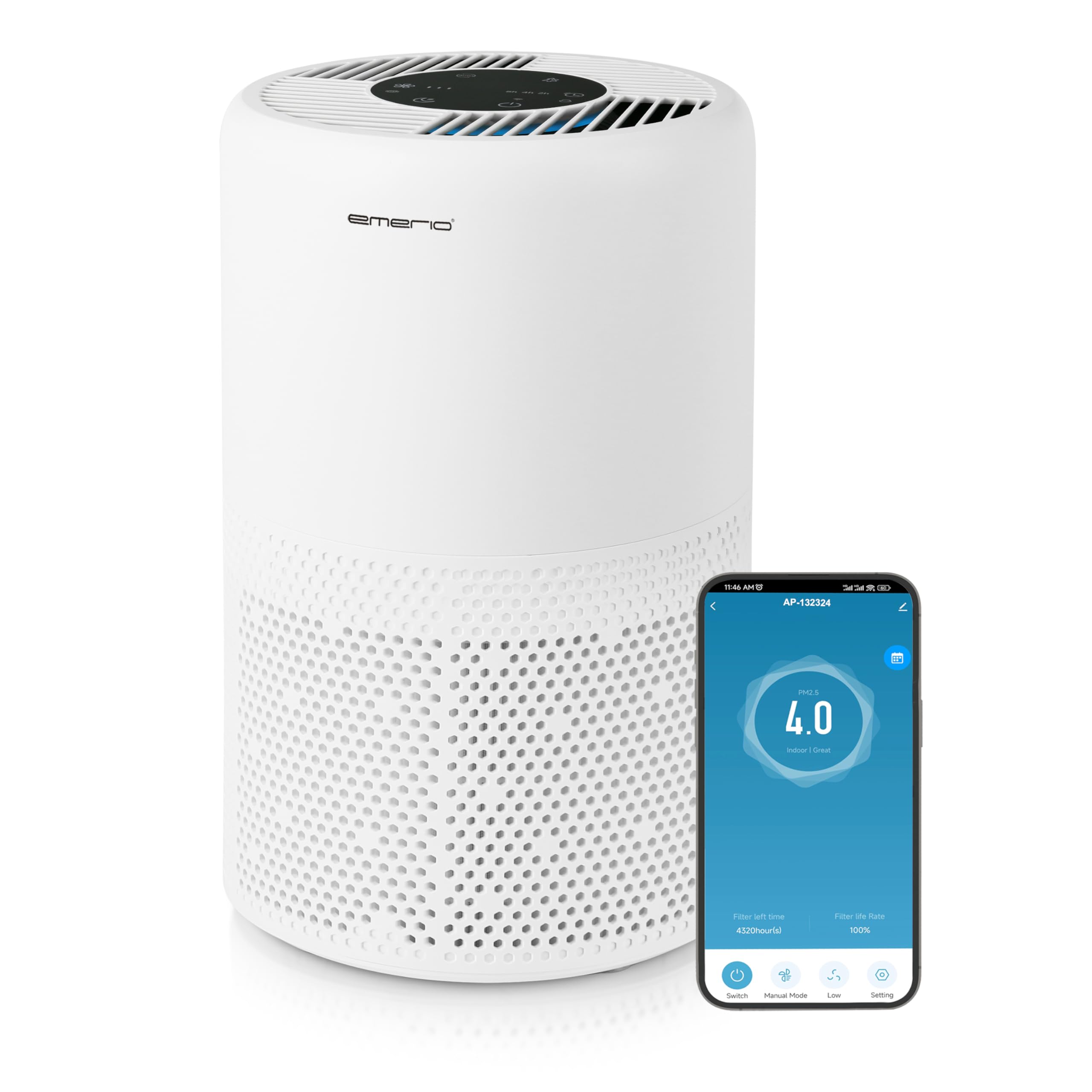 EMERIO Purificatore d'aria con filtro HEPA 13 (potenza del filtro al 99,97%) contro muffa, polvere, polline e odori | WLAN: Smart Life, funzione ionica e timer, adatto per ambienti fino a 25 m² |