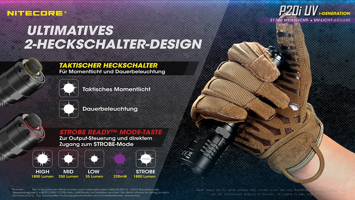 NITECORE Taschenlampe P20i UV - Taktische Akku-Taschenlampe mit 1.800 Lumen & UV-Licht - USB-C aufladbar - 337 Meter Leuchtweite