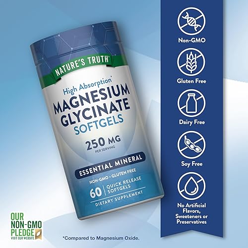 Miniatura 3 de Nature's Truth Cápsulas blandas de glicinato de magnesio | 250 mg | 60 píldoras | Alta absorción | Suplemento sin OMG y sin gluten