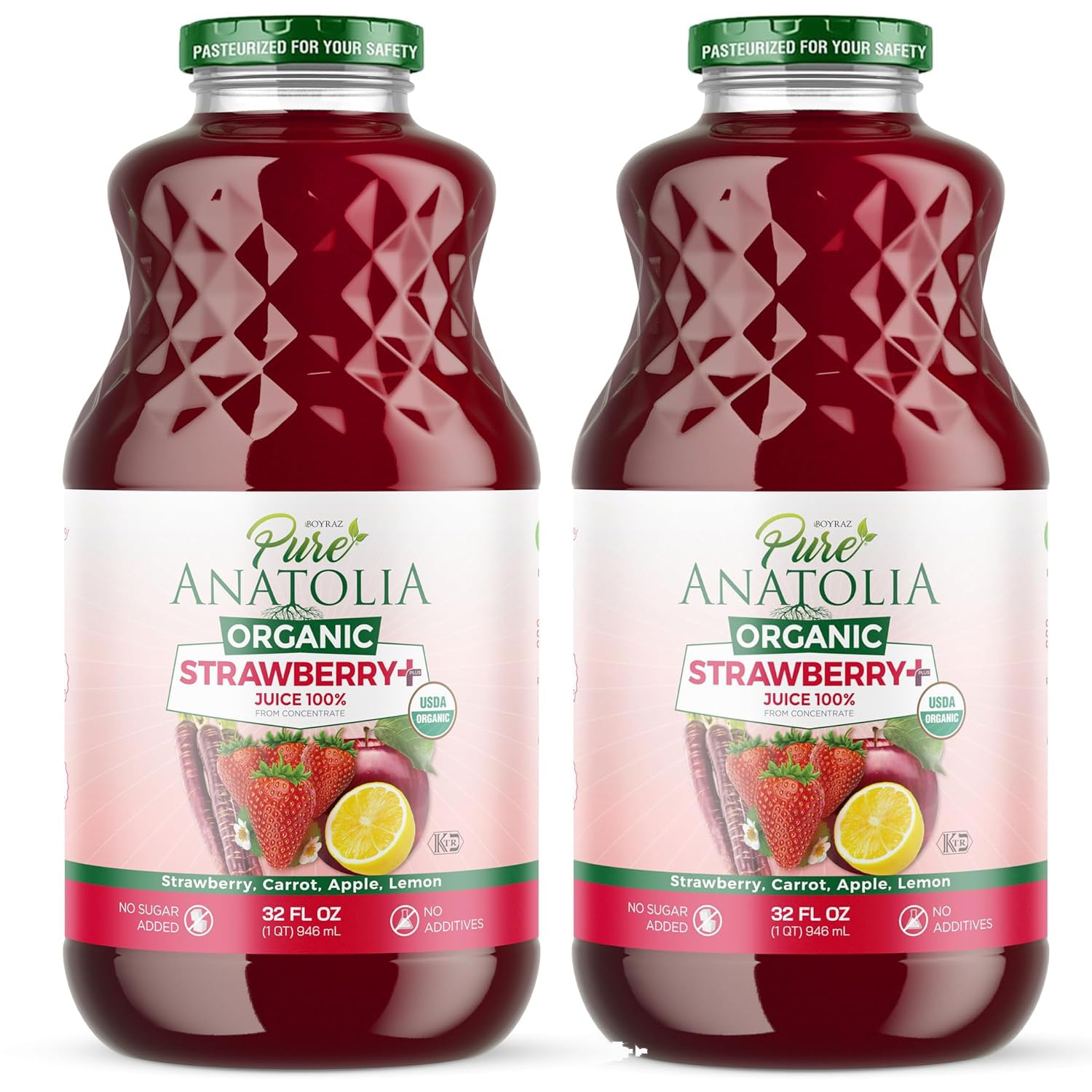 %100 Organic STRAWBERY Mix Juice Drink by Pure Anatolia - Boost Immunity, Enhance your Health - USDA Organic, Gluten Free, Vegan - 2 Pack Bundle Glass Bottle of 32 fl oz.