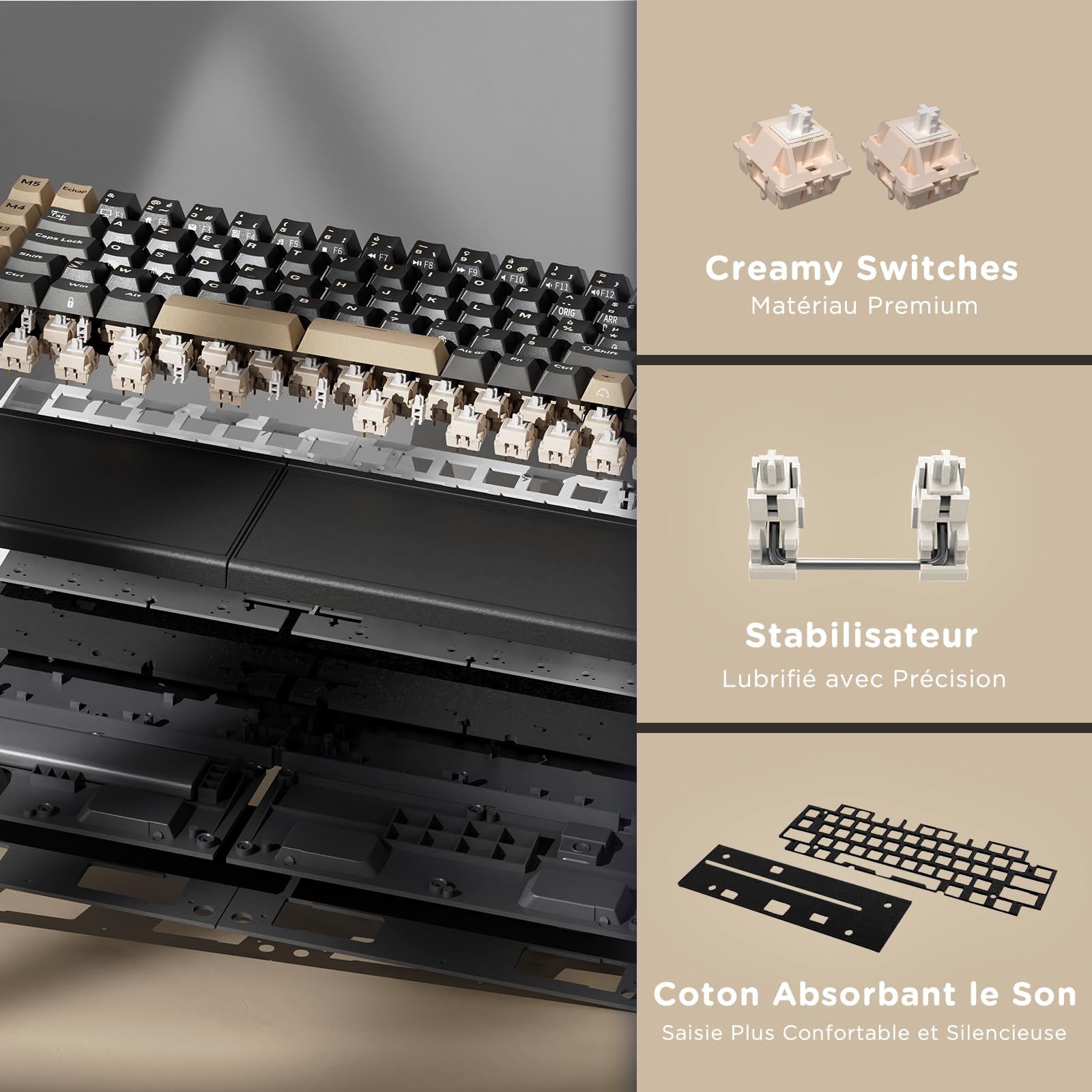 RK ROYAL KLUDGE S70 Clavier Mécanique AZERTY Compact 75%, Clavier Gamer sans Fil, Ergonomique Split Keyboard avec Repose-Poignets Intégré, RVB, Bluetooth/2.4G/Filaire, Hot-Swap Creamy Switch