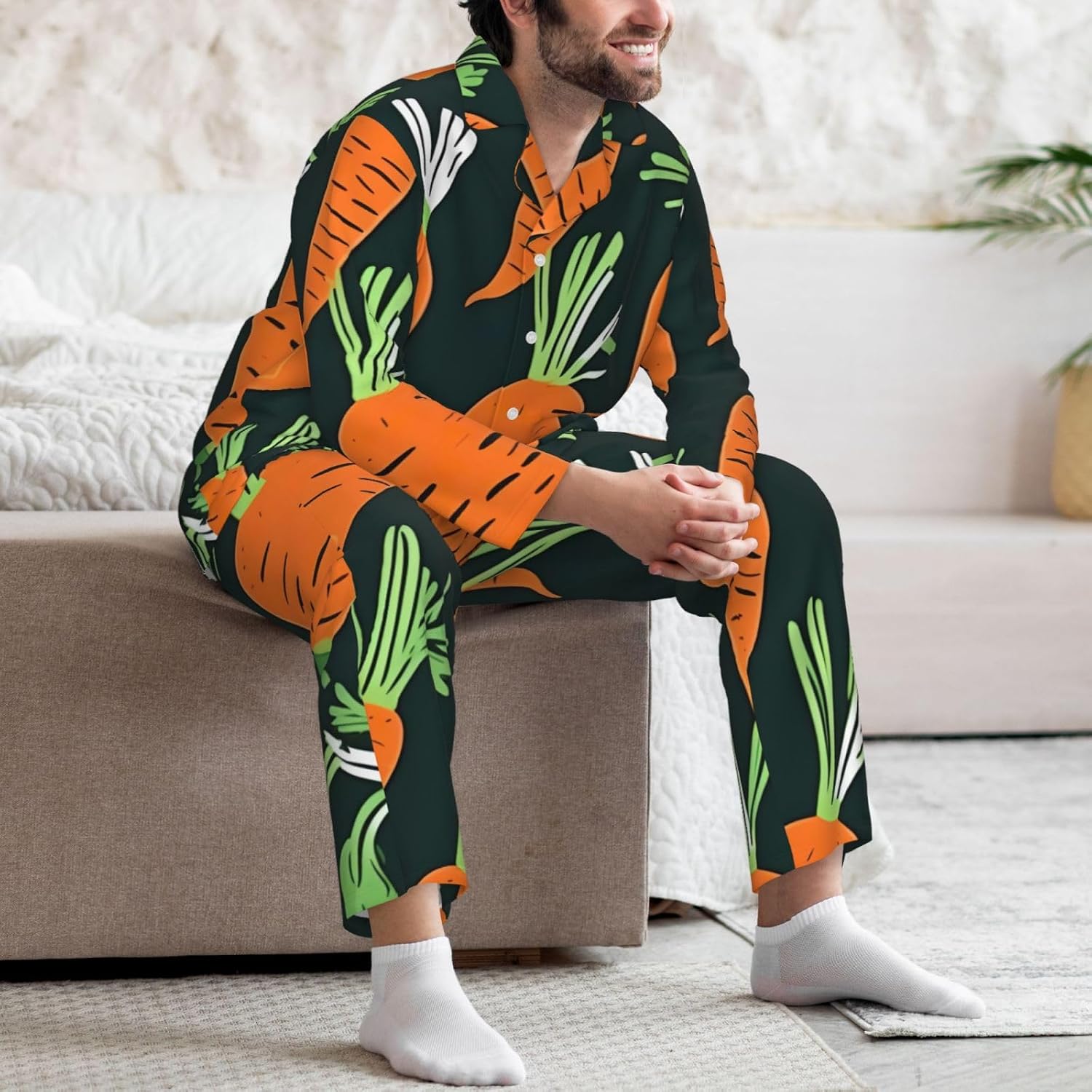 Happy Carrot Seamless Pattern Print Luxurious Mens Pajamas Set,Breathable Pajamas Set,Perfect For Lounging Bed,Sofa
