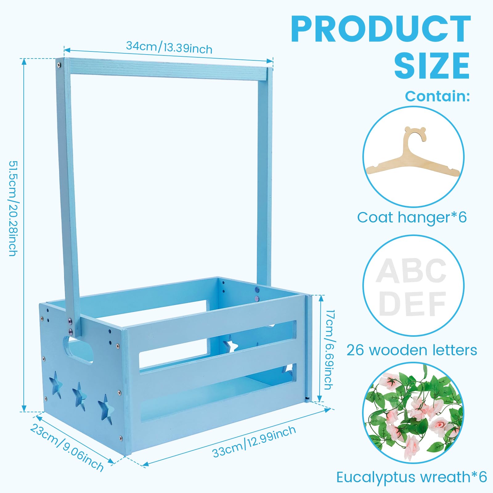 Wooden Baby Shower Crate Closet, Baby Shower Basket with Hanger Rack String Lights Welcome Gift Basket, Welcome Gifts Basket for Newborn Boys Girls, Pregnancy Gifts for New Parents (Blue)